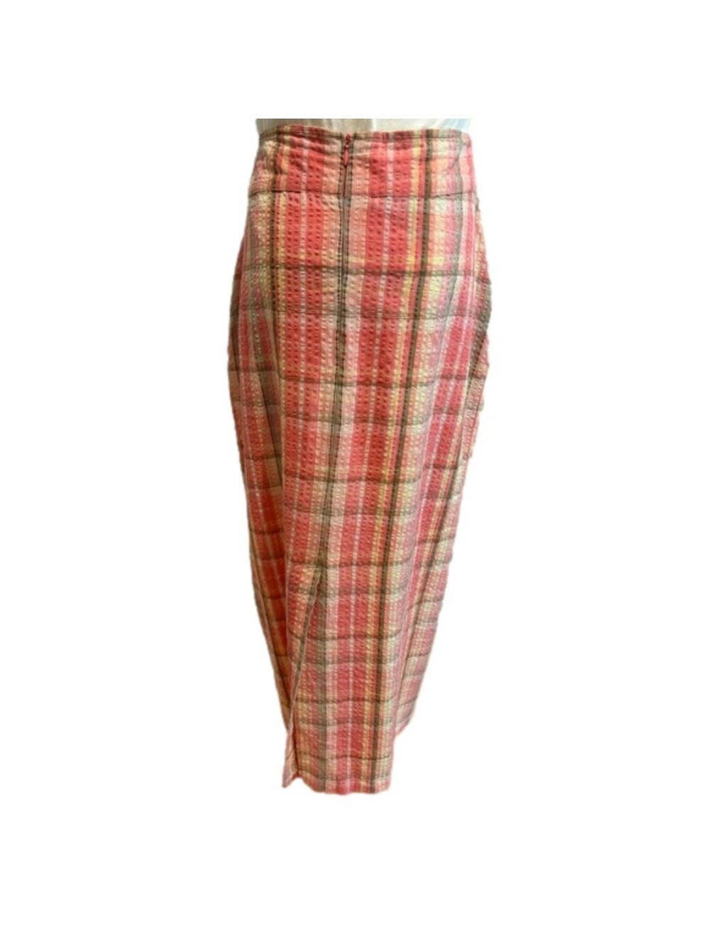 J PETERMAN 90s PINK & OLIVE GREEN PLAID SEERSUCKER PENCIL MIDI SKIRT SZ 12 - Picture 2 of 9